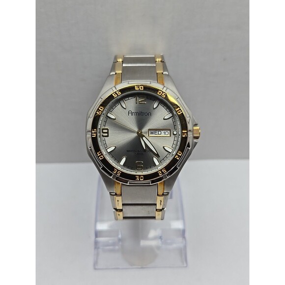 Armitron Two Tone Day Date Quartz Watch 165ft Japan Movt New Battery Mens WR - Picture 1 of 11